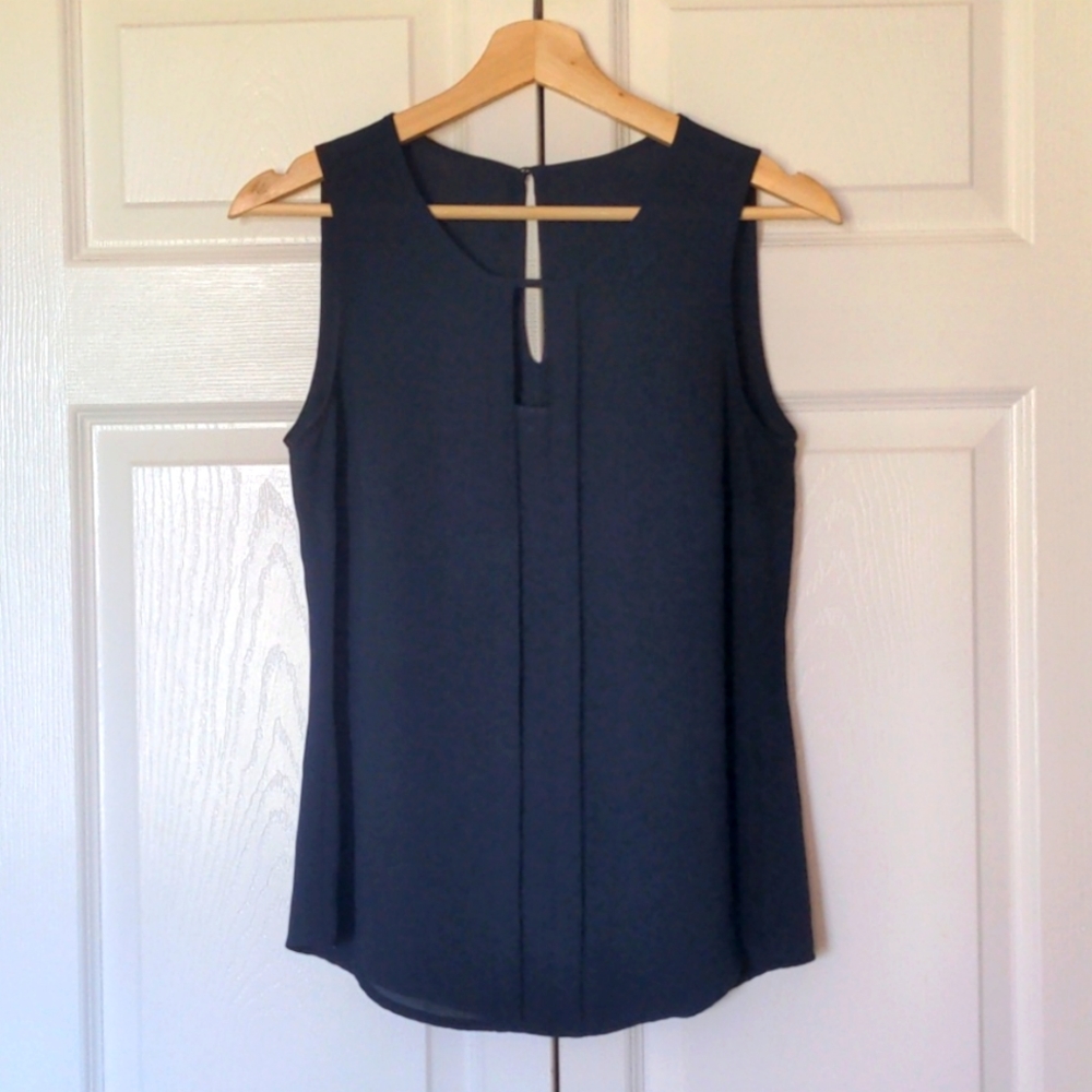 Navy Lightly Sheer Pleat Front Tank Top